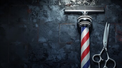 Razor, scissor and comb with pole emblem background concept. Barbershop background concept - obrazy, fototapety, plakaty