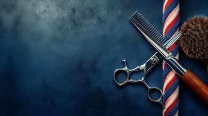Razor, scissor and comb with pole emblem background concept. Barbershop background concept - obrazy, fototapety, plakaty