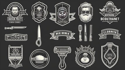 Set of vintage barber shop emblems, label, badges and designed elements. Monochrome linear style