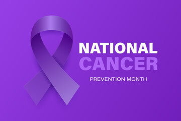 National Cancer Prevention Month, February. Banner, Card, Placard with Realistic 3D Vector Lavender Ribbon on Lavender Background. Cancer Awareness Month Symbol, Closeup. World Cancer Day Concept