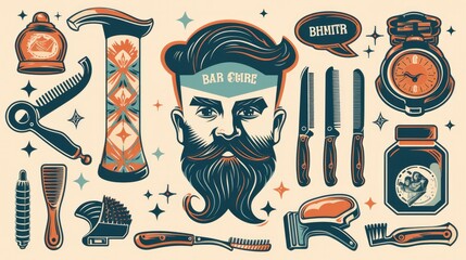 Set of vintage barber shop logo graphics and icons