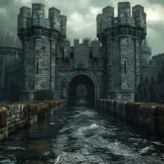 Medieval Moat Bridge Entrance with Dramatic Focus