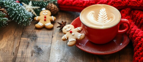 Cappuccino in a red cup with a Christmas hat and gingerbread man on a wooden table.