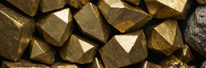 closeup macro view of a pyrite gemstone mineral on a black background a picture for banner