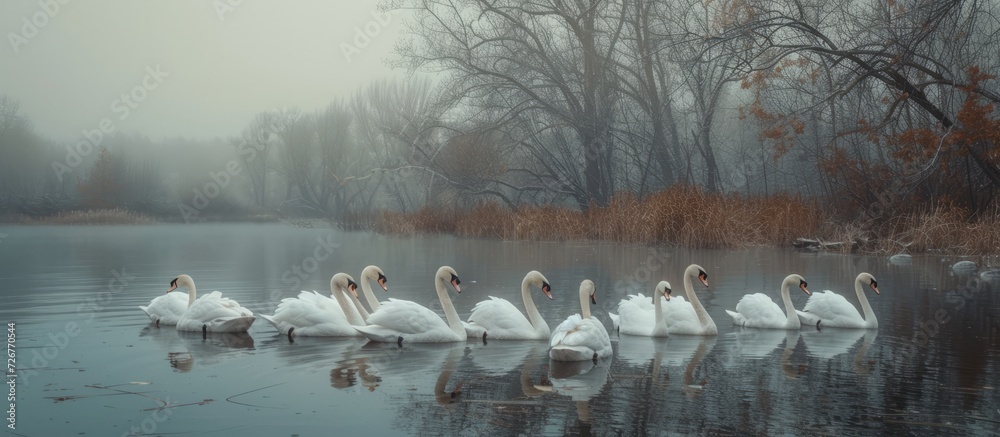 Canvas Prints White swans basking near the lake, with an indistinct image.