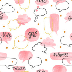 Baby shower girl pattern with pink watercolor speech bubbles. Seamless print for kids - 726770500