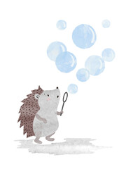 Cartoon hedgehog blows soap bubbles. Vector watercolor illustration