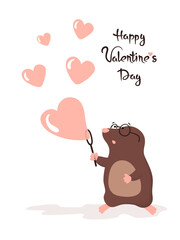 Cute mole blowing heart shaped soap bubbles. Valentines Day greeting card vector illustration