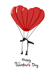 Flying penguin with heart shaped parachute. Valentines Day greeting card vector illustration - 726770519