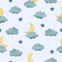 Seamless baby pattern with cute watercolor sleeping moon, stars and clouds. Print for kids - 726770533