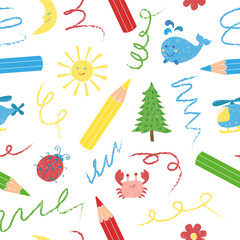 Children drawings pattern. Seamless colorful background with pencils and doodle animals and toys - 726770545