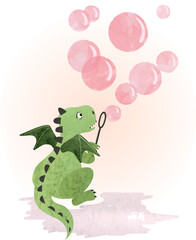 Cute cartoon dragon blowing soap bubbles. Vector watercolor illustration. Baby print - 726770546