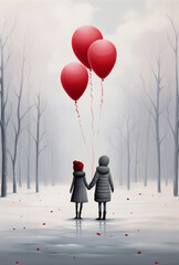 Boy and girl with heart shape balloon, retro silhouette illustration