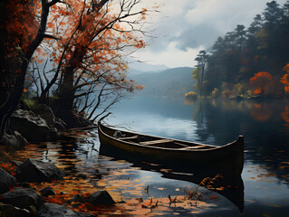 beautiful autumn and scenic lake near the old town in the mountain