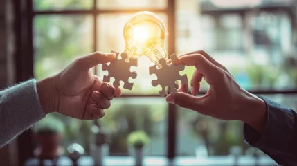 Foto op Plexiglas Teamwork or partnership for business success, innovation or creativity to solve problem, brainstorm or connect idea concept, businessman team members partner connect lightbulb jigsaw puzzle together © Orxan