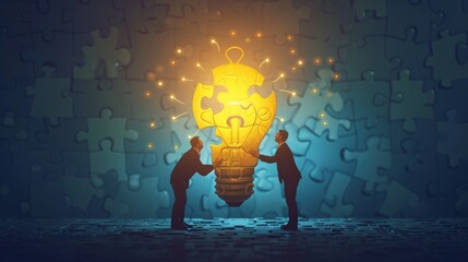 Teamwork or partnership for business success, innovation or creativity to solve problem, brainstorm or connect idea concept, businessman team members partner connect lightbulb jigsaw puzzle together - obrazy, fototapety, plakaty