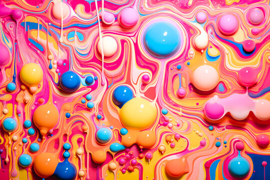 Peinture fraiche avec bulles et coulures, mélange de couleurs