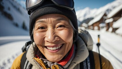 Elderly Asian woman smiling on a ski slope, wearing ski goggles and a beanie, with snow-covered mountains behind her.