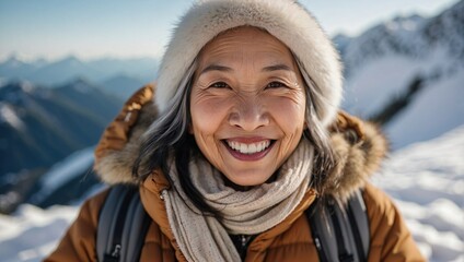 Fototapeta na wymiar Elderly Asian woman smiling in a winter mountain landscape, wearing a fur-lined hood and an orange jacket.