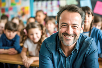 Portrait of smiling teacher in a class at elementary school