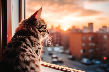 Chat assis devant la fenêtre en appartement, regardant la ville - obrazy, fototapety, plakaty