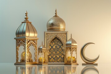 Obraz premium Ornate Islamic lanterns and a crescent moon symbolize spirituality and heritage.