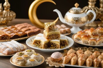 A tea set complements the luxurious array of confections, signaling hospitality.