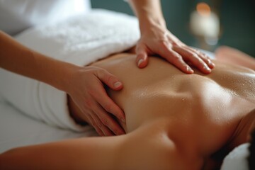 Relaxing back massage, skilled hands on glistening skin.