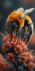 Close up shot of a bee. On a flower. Consuming nectar. Macro photography. AI generated
