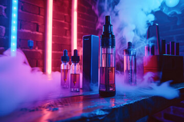 A collection of e-cigarette supplies emerges from a mist, accentuated by dramatic lighting.