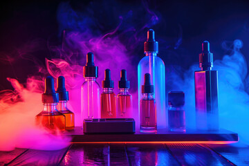 Vape liquid bottles illuminated by neon lights, exuding a vibrant, edgy vibe.