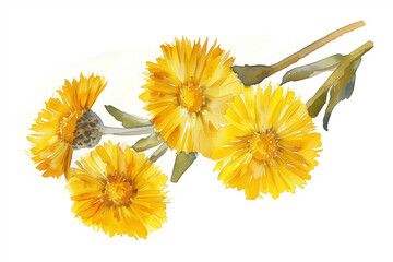 Closeup of bright yellow coltsfoot flowers (Tussilago farfara, tash plant, coughwort, farfara). Watercolor hand drawn painting illustration isolated on white background - obrazy, fototapety, plakaty