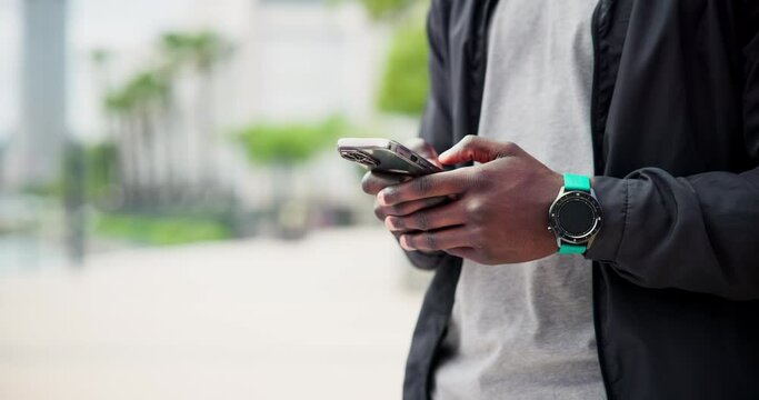 Phone, search and hands of man in a city street with location, research or web communication. Smartphone, closeup or person with travel app, taxi or chauffeur service while planning vacation hangout