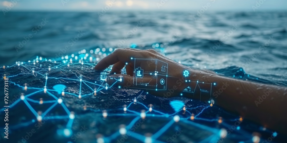 Poster Blending Nature and Technology: A Hand Interacts with a Bioluminescent Digital Network in the Oceans Depths, Generative AI