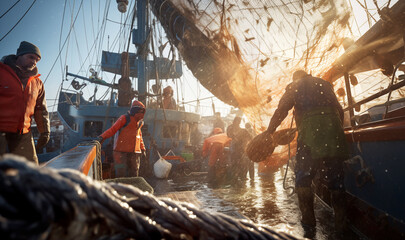 Tired fishermen team working on a trawler boat in the open sea during the evening sunset hours, using wet fishing nets, ropes, and winches. Fishing and angling industry concept image. - obrazy, fototapety, plakaty