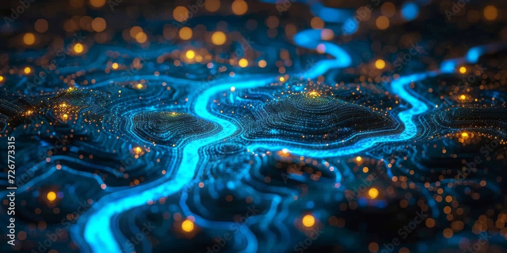 Poster Electronic Lifelines: Visualizing the Energetic Flow of Data through a Futuristic Circuitry Landscape, Generative AI