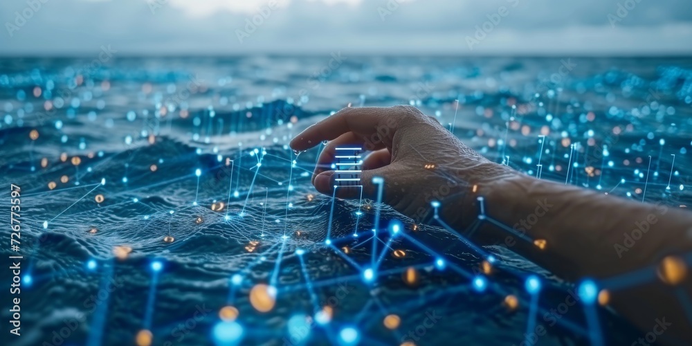 Poster Blending Nature and Technology: A Hand Interacts with a Bioluminescent Digital Network in the Oceans Depths, Generative AI