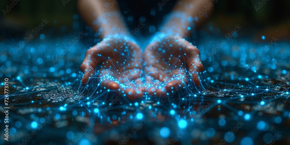 Poster blending nature and technology: a hand interacts with a bioluminescent digital network in the oceans
