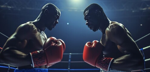 Fototapeta na wymiar Two African American boxers in a ring. Intense boxing match moment. Concept of athletic competition, the power of sport, and the peak action of boxing.