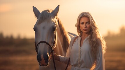 Fototapeta premium Beautiful woman with a horse at sunset in a field. Concept of animal love, equine therapy, equestrian, companionship, and nature bonding.