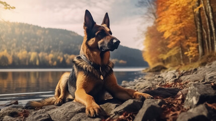 Cinematic image of a hiker girl with german shepherd dog in the nature with rocks, colorful trees and lake. Long shot of a beautiful scene. - obrazy, fototapety, plakaty