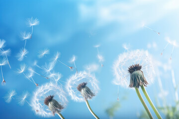 Dandelion seeds blowing in the wind. AI Generative.