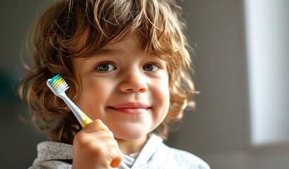Happy kid with toothbrush. Concept of children's oral health, morning routine, tooth brushing, and happy childhood. Copy space
