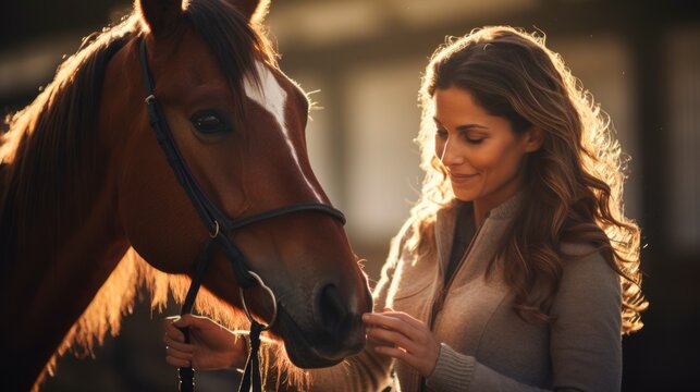 A smiling woman gently stroking a horse outdoors. Concept of horse riding, animal care, nature bonding, equine therapy, and equestrian sports.