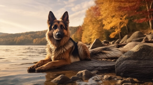 Cinematic image of a hiker girl with german shepherd dog in the nature with rocks, colorful trees and lake. Long shot of a beautiful scene.