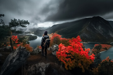 Obraz premium A hiker girl at the top of the mountain with breathtaking view of a lake rocks and autumn colored trees. Lifestyle of hiker. cinematic shot
