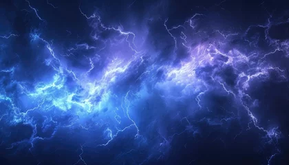 Foto op Canvas Abstract blue and purple thunder lightnings against black sky background, storm weather backdrop © Prometheus 