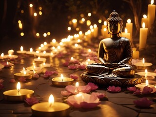 Enlightened Path: A Spiritual Journey with Lord Buddha's Statue Surrounded by Candle-lit Tranquility and Floral Beauty on Vesak Day