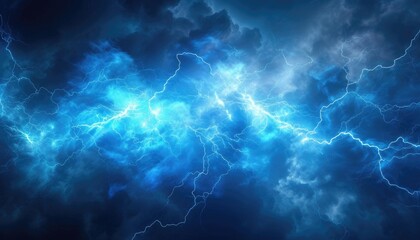 Abstract blue thunder lightnings against black sky background, storm weather backdrop