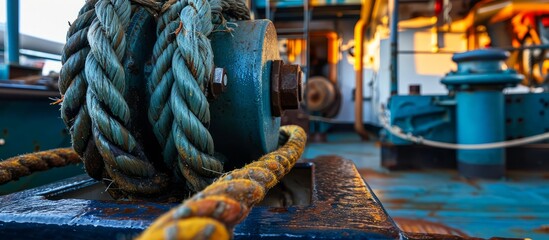 Deck equipment on a commercial ship used for mooring in port: a mechanical device comprising a mooring rope and winch. - obrazy, fototapety, plakaty
